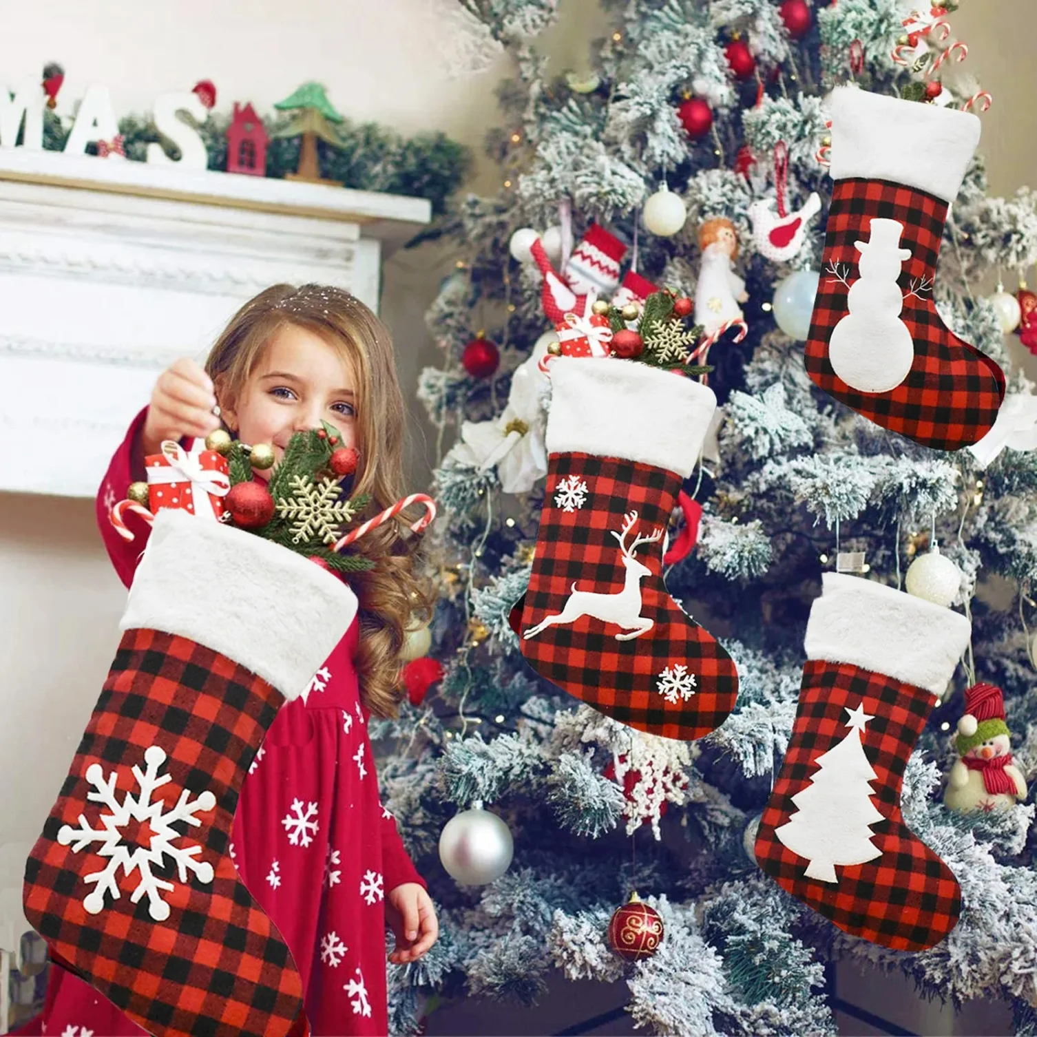 Christmas Stocking Fireplace Decor Christmas Gift Fun Tree Snowflake Red White Plaid Sock Boots Fireplace Home Decoration - Image 4