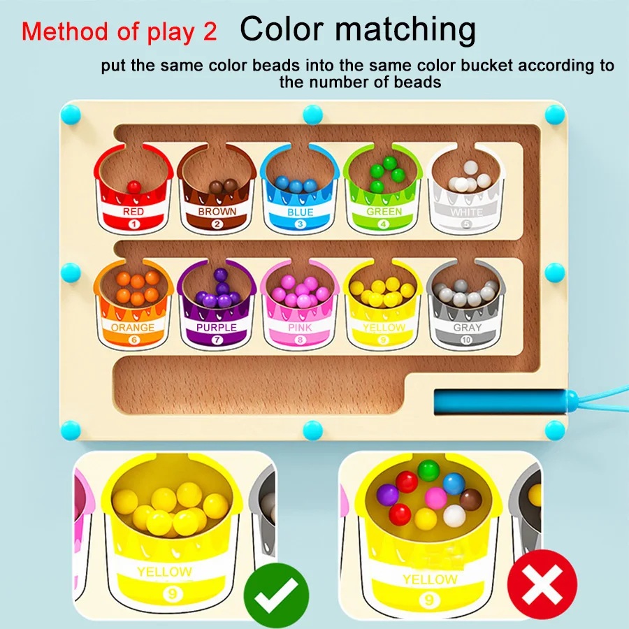 Jeux de tri de couleurs magnétiques Montessori, planche de labyrinthe, stylo, jeux de perles mobiles, contrôle en bois, jeu sensoriel, jouets éducatifs pour enfants