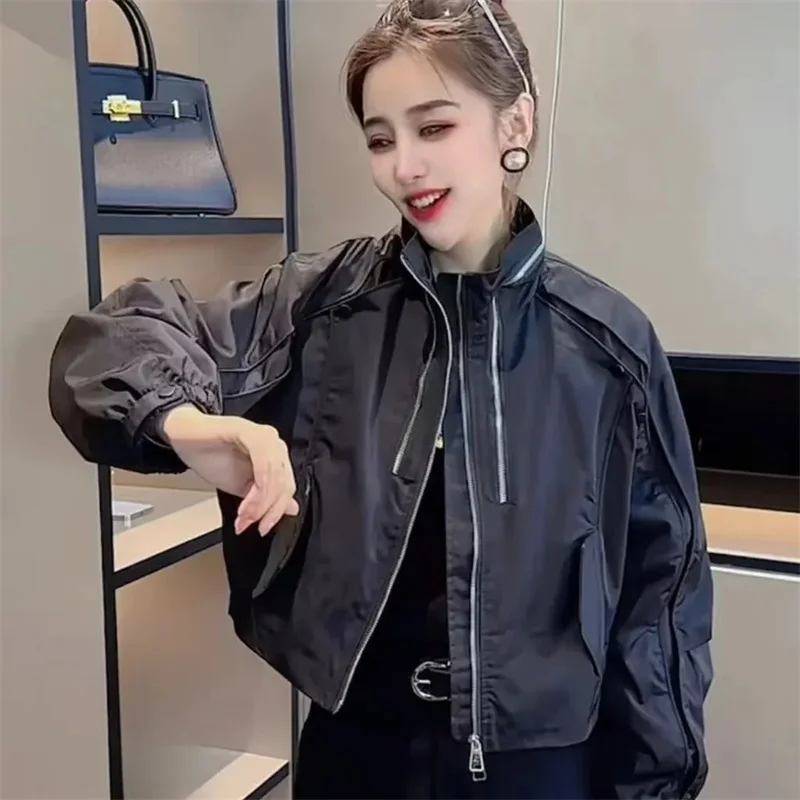 

Korean Female Stand Collar Stormtrooper Jacket 2025 Women Long Sleeves Outwear Spring Autumn Ladies Solid Color Thicken Top Coat