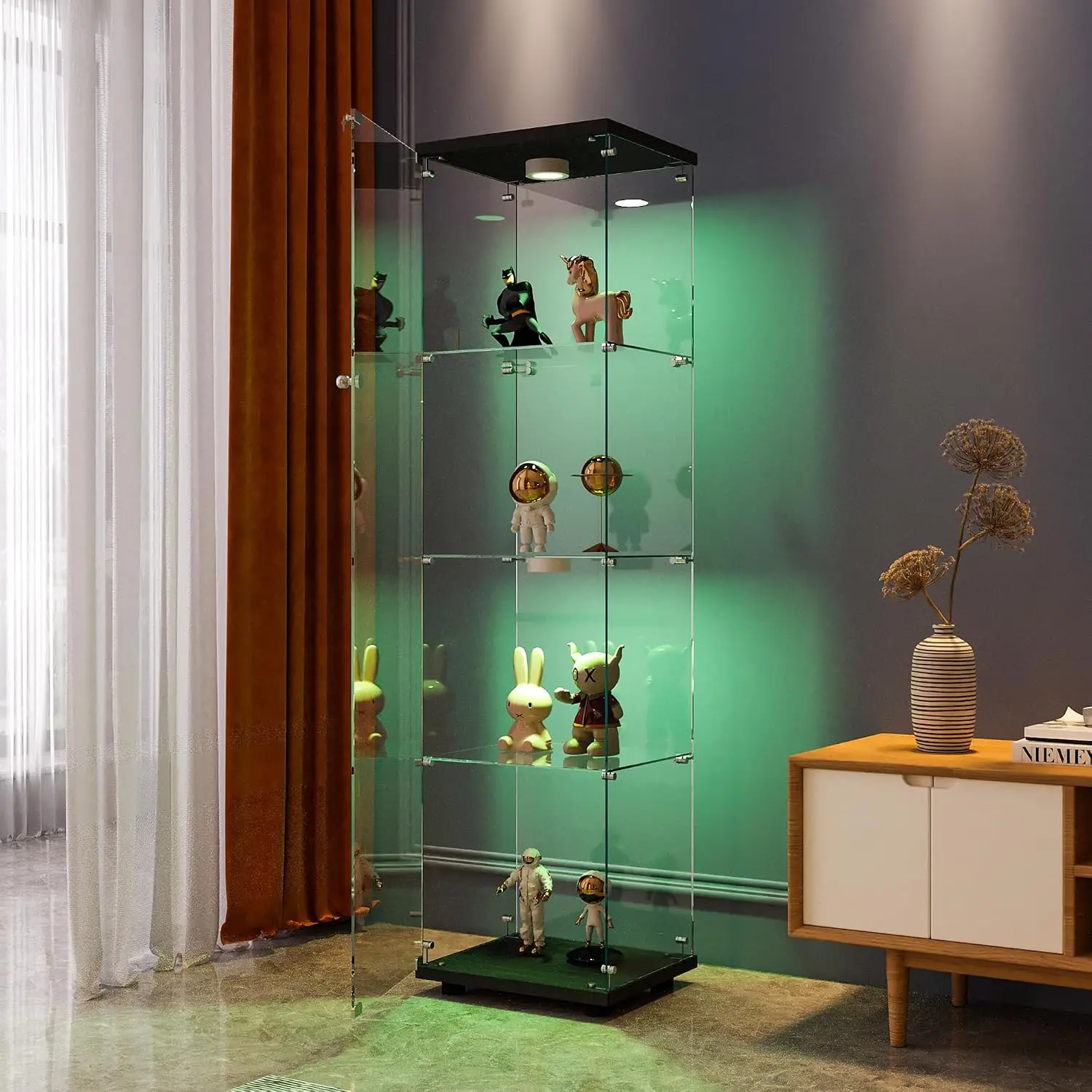 Display Cabinet with Glass Door and LED Light, 4-Tier Tempered Glass Display Shelf, Glass Curio Cabinet Collection Display Case,