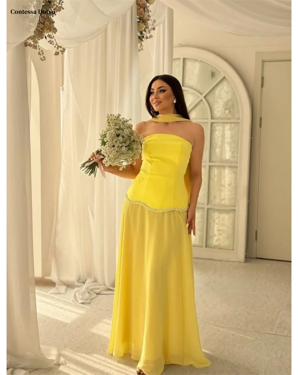 

Contessa Dubai customized Yellow Prom Dresses Strapless Sleeveless vestidos de noche Ankle-Length Non-dress Formal Evening 2025