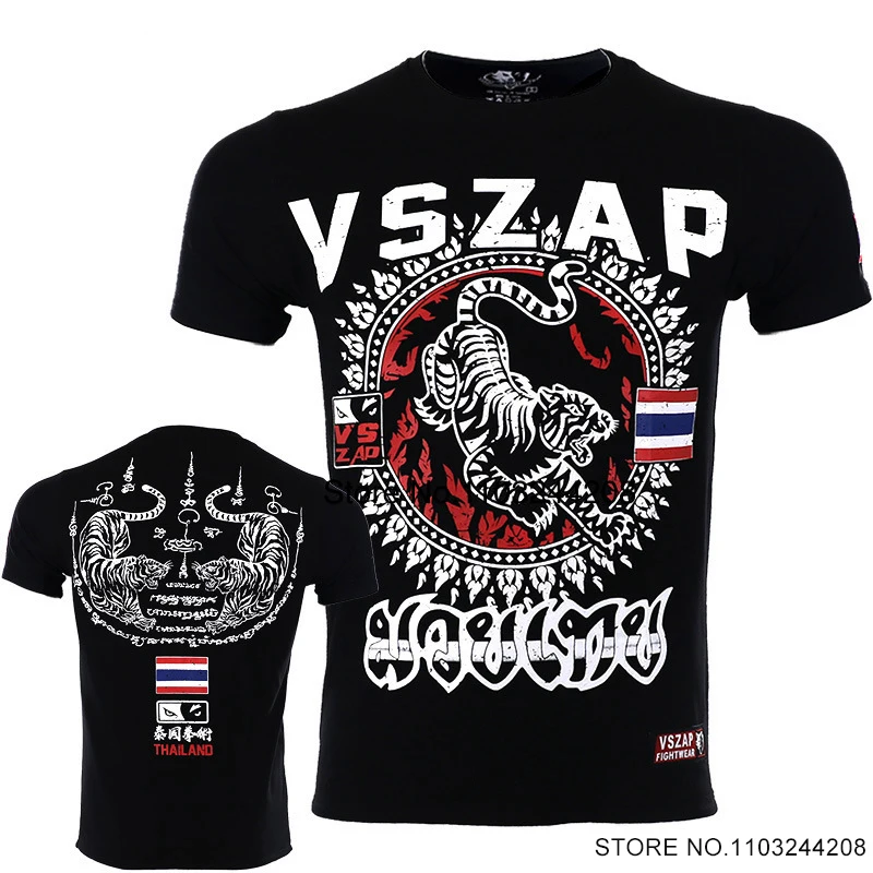 Vszap Tiger Muay Thai T Shirt Cotton Boxing Shirt Men Women MMA BJJ Rash Guard Gym Martial Arts Fight Kickboxing Boxing Top Tees