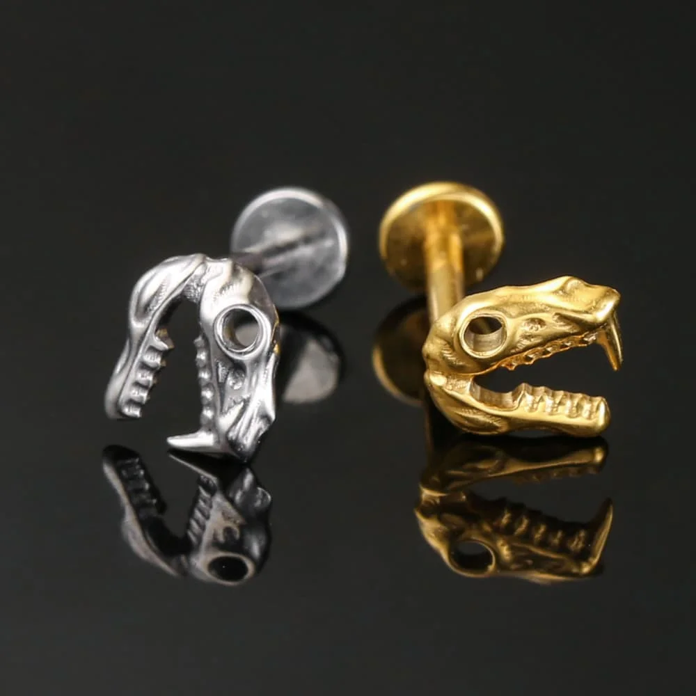 Twolobes 1PC ASTM F136 Titanium Flat Back Studs Dinosaur Skul Internally Threaded Labret Lip Piercing Helix Tragus Conch Jewelry