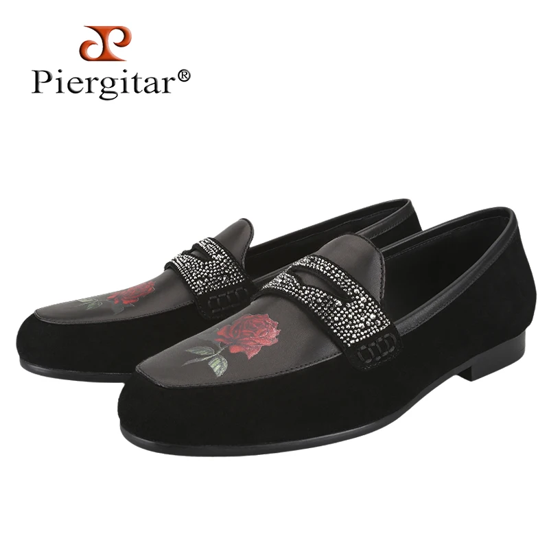 Piergitar 2025 Classic Model Black Genuine Leather Men Penny Loafers With Crystals Cross Strap And The Rose Painting For Wedding