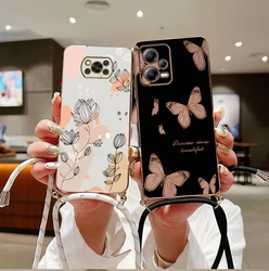 Plant Plating Diagonal Lanyard Phone Case For Xiaomi Poco X3 X4 GT X3 GT X5 M3 M5 M4 Pro M3 Pro X2 X3 NFC M5S C40 F4 F3 Cover