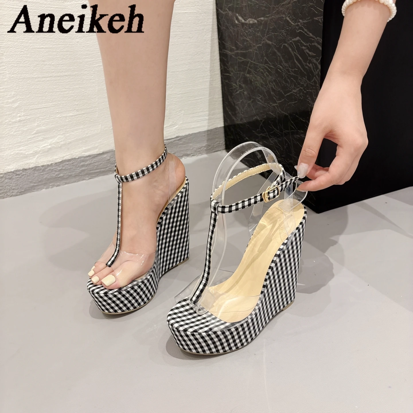 Aneikeh 2024 Fashion Summer Platform Wedges Sandals High Heels Sexy Gladiator T-Strap Buckle Strap Women Shoes