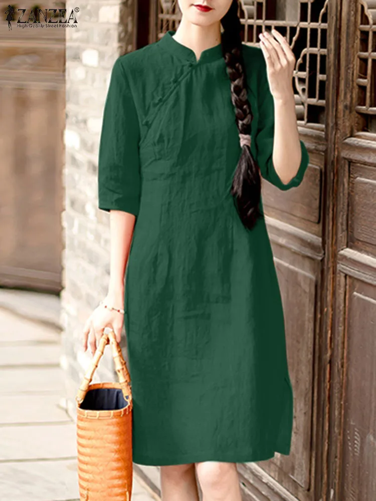 ZANZEA Woman Elegant Party Dress Female Casual Split Hem Robe 3/4 Sleeve Stand Collar Sundress Summer Stylish Holiday Vestidos