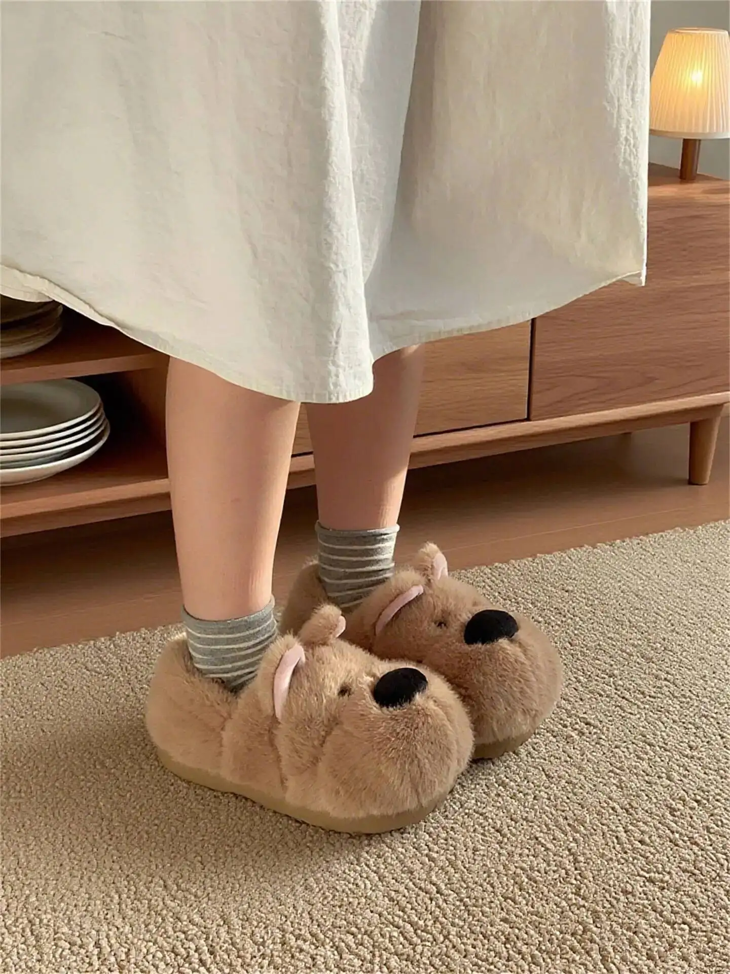 

Couple's Home Slippers Winter Fuzzy Cotton Slippers Cute West Highland Terrier Non Slip Warm Indoor Household Slippers