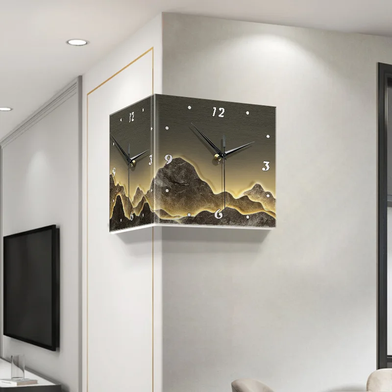 Modern simple living room double-sided wall clock with backer creative clock wall lamp painting no punching corner clock