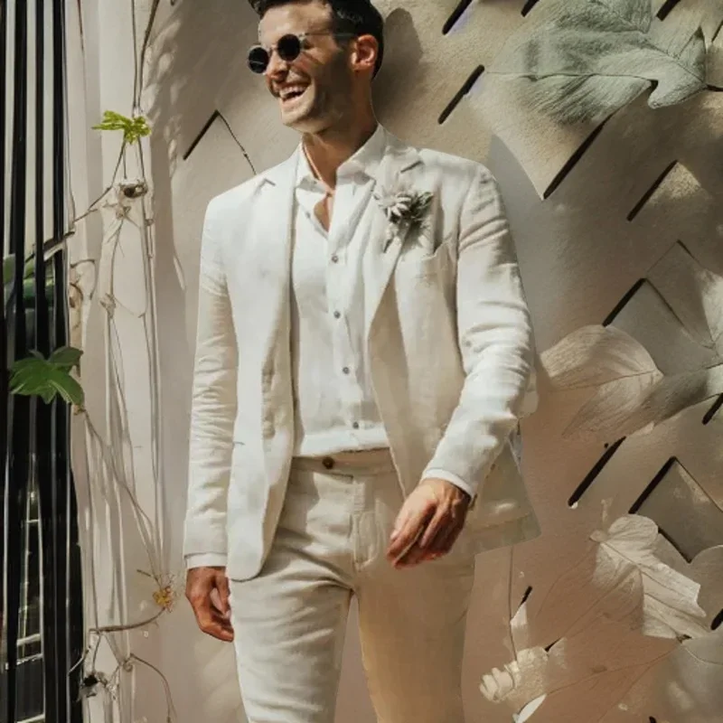 Linen Wedding Suits for Men Garden Summer Groom Tuxedo Notch Lapel Prom Blazer 2 Piece Set ( Jacket + Pants ) 2024