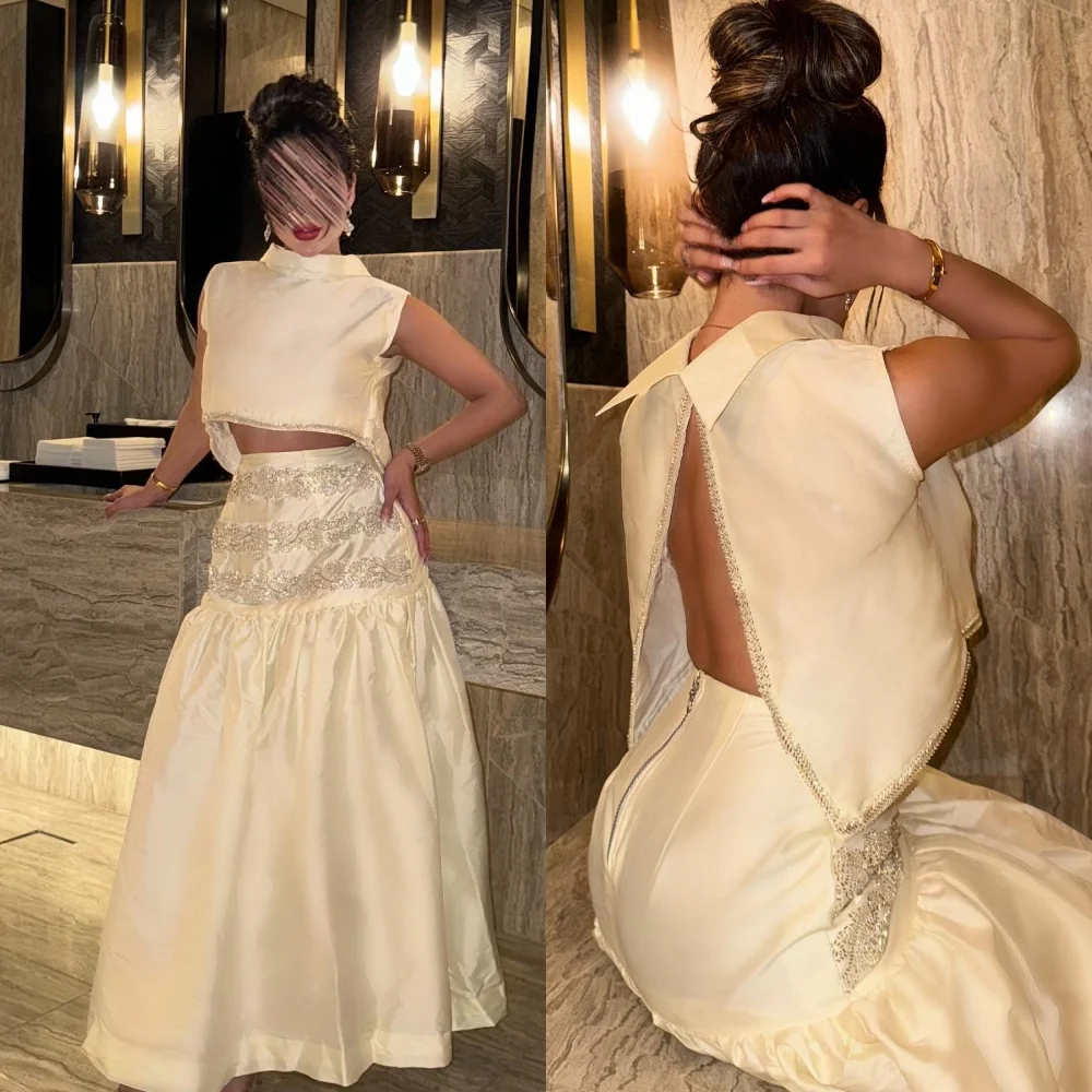 Cetim lantejoulas Beading Midi Vestido, Ruched Party Gown, Colarinho alto, Ocasião Bespoke, A-Line