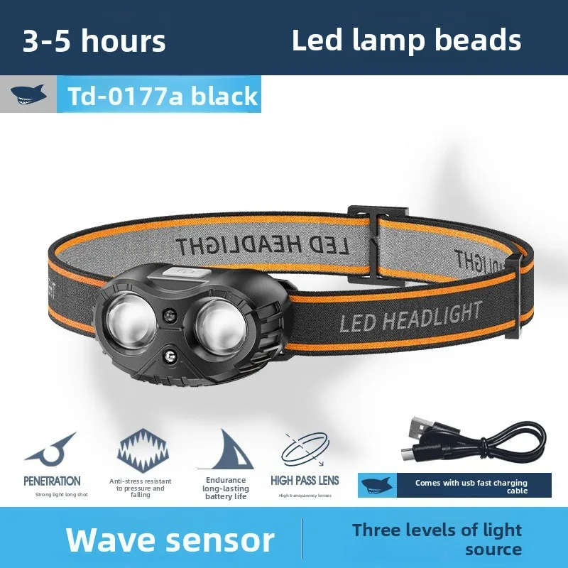 Outdoor Mini Portable High Brightness Three Gear Adjustment Wave Sensor Headlight Night Fishing Repair Lamp USB Rechargeable