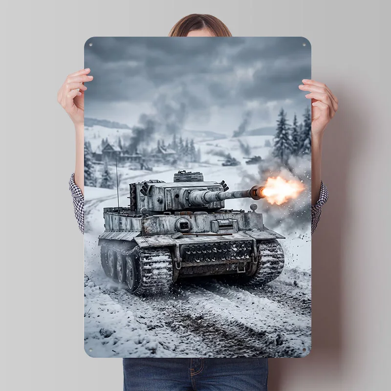 Tiger Tank Firing in Winter Battle Printed Poster Customized Retro Wall Art Vintage Metal Tin Signs for Room Decorating Interior