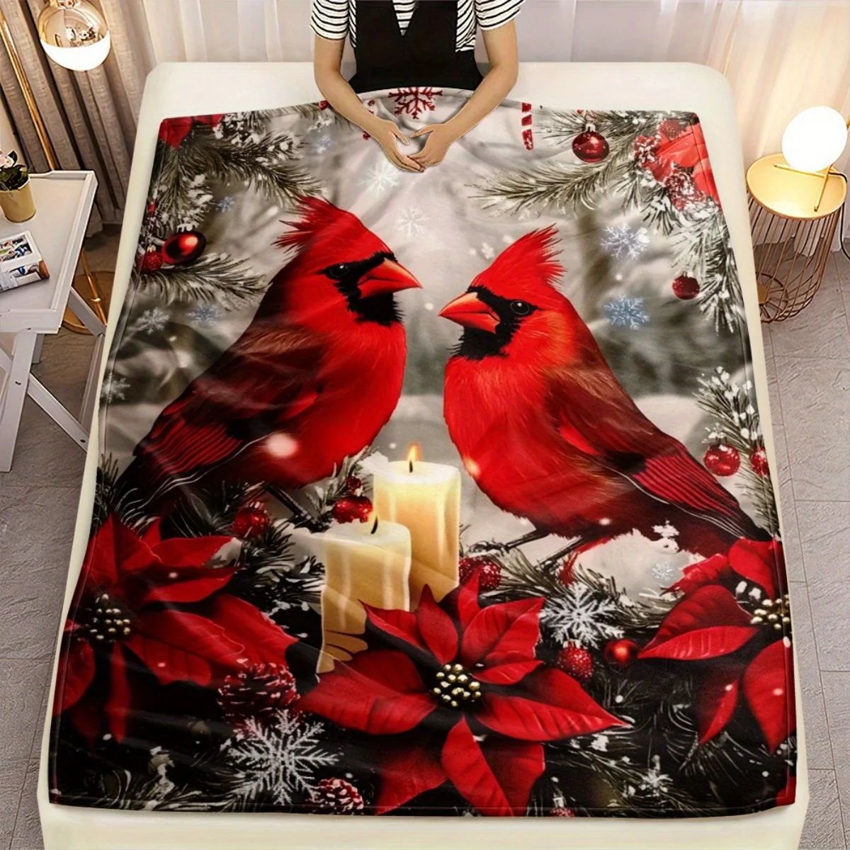 Winter Holiday Red Cardinal Pattern Poinsettia Flowers Wildlife Art Aesthetic Warm Gift Blanket For Couch Chaise Lounge