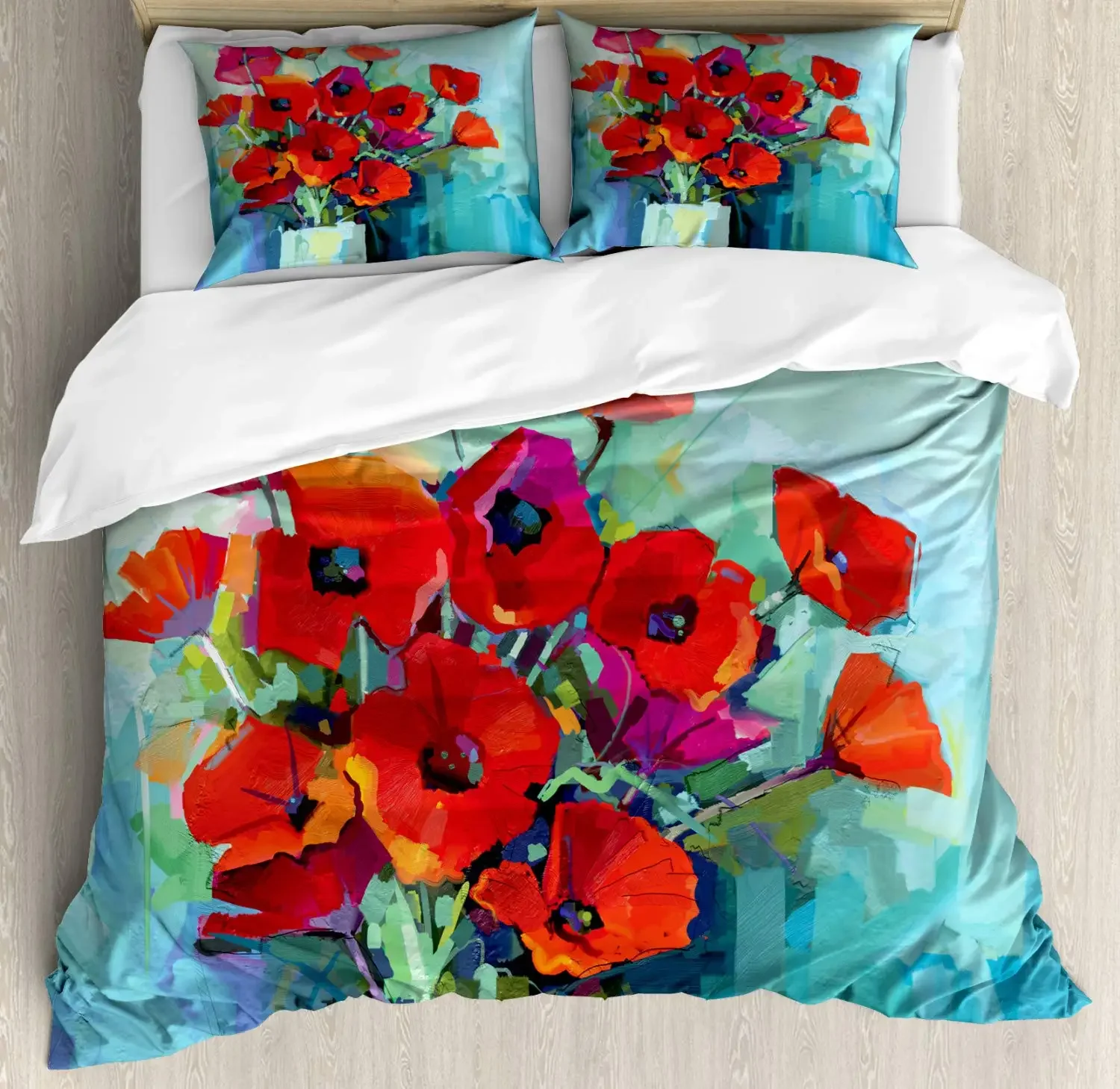 Parure de lit fleurie, motif coquelicot rouge printanier pour jardin, ensemble de literie 3 pièces avec 2 taies d'oreiller