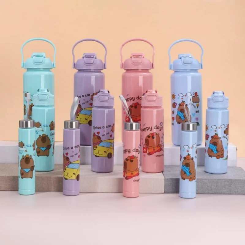 3Pcs  Cute Capybara Cartoon Straw Water Set Large Capacity Sports Bottle Outdoor Travel Gym Fitness Jugs Student Portable Cup