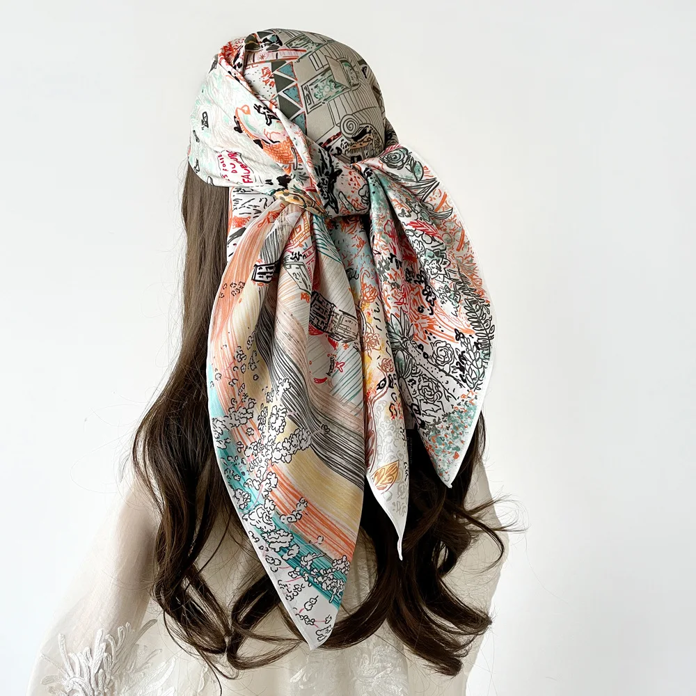 90cm silk scarf women's printed scarf European and American cross-border headscarf, retro large square scarf, shawl wholesale image 3
