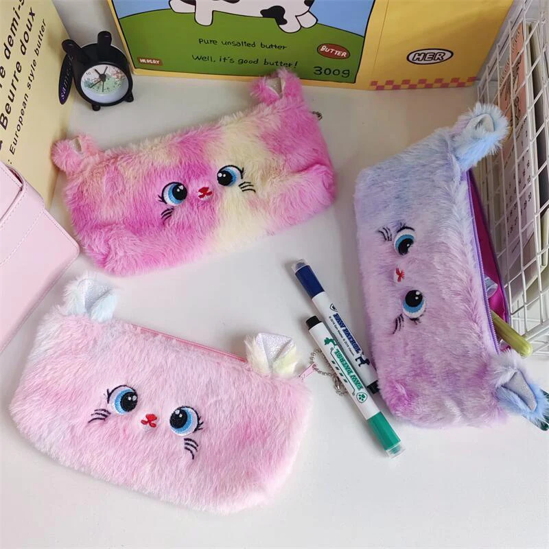 Bonito Gradiente Cor Gato Plush Pen Bag para Meninas, Estojo de grande capacidade, Coração Papelaria Fornecimento, Saco De Armazenamento, Porta-moedas, Novo Cartoon