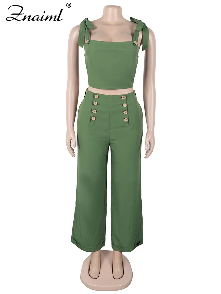 Znaiml-Top corto ajustado con tirantes anchos fruncidos y hombros descubiertos para mujer, pantalón de pierna ancha, ropa de calle de verano, conjuntos a juego, color verde, 2 piezas