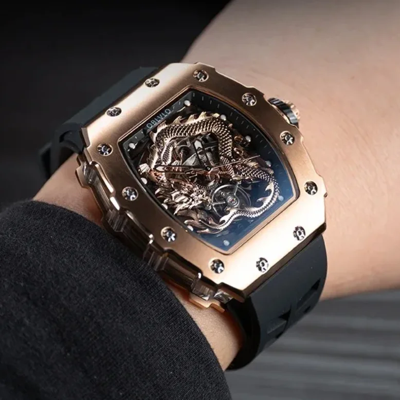 

OBLVLO мужские автоматические часы Tonneau механические наручные часы светящиеся 50 м водостойкие сапфировый скелетон дракон циферблат резиновый ремешок