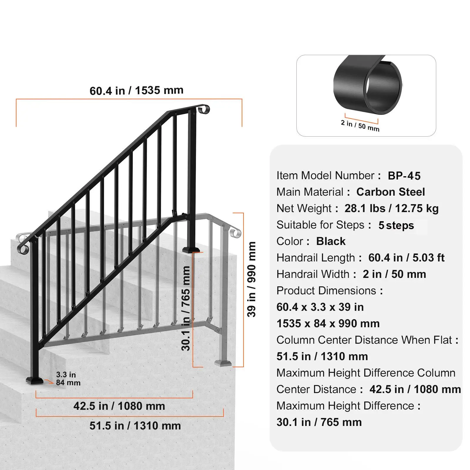 for outdoor 5 Step Stair Handrail Kit Carbon Steel Stair Railing with Installation Accessories Black Retro Arch Hand Rails for Concrete Steps Porch Deck and Senior Safety