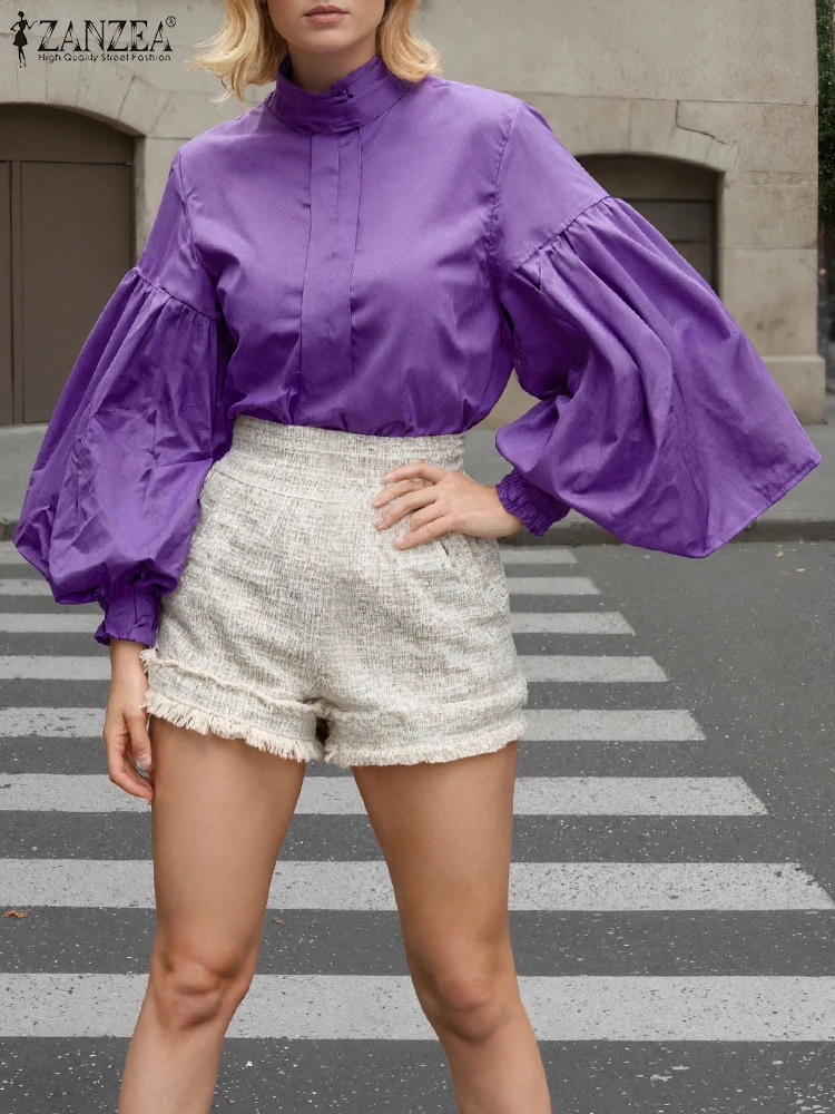 

ZANZEA размера плюс 5XL, женская блузка, модные повседневные однотонные рубашки с длинным рукавом-фонариком, офисные женские осенние топы, туники с воротником-стойкой