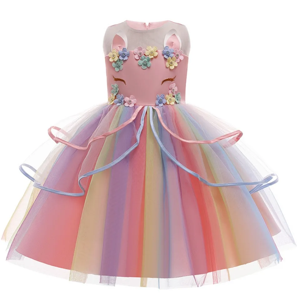 Fancy Baby Rainbow Tulle Ruffle Style Flower Unicorn Princess Dress for Girls Casual Birthday Party Medium Length Horse Clothes