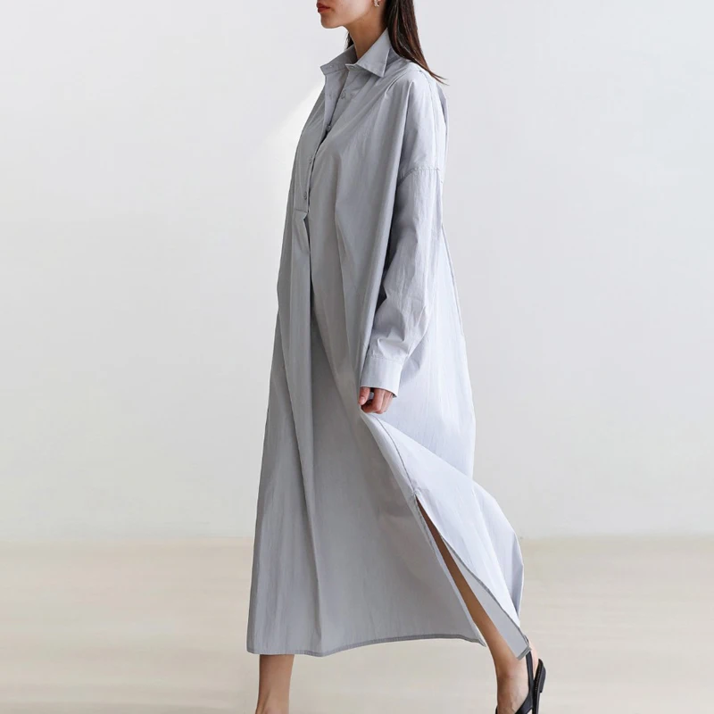 Johnature Summer New Long-sleeved Shirt Dress Women 2024 New Korean Version Loose Casual Shirt Slits Turn-down Collar Dresses