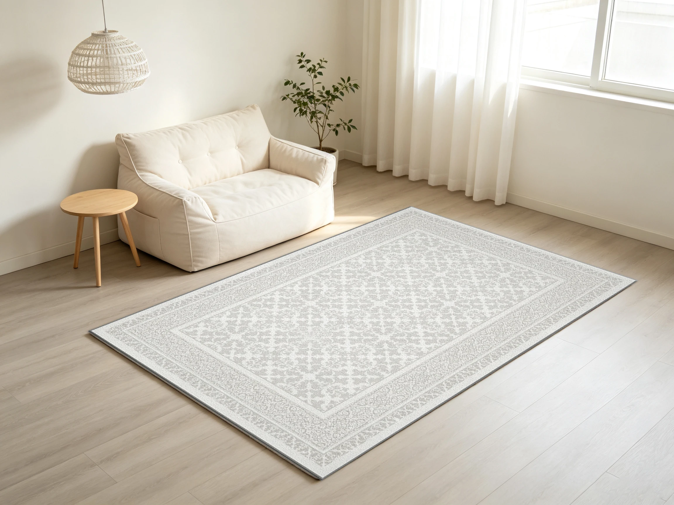 Light Grey Damask Square Carpet Flooring Subtle Vintage Floral Pattern Rug for Neutral Home Decoration