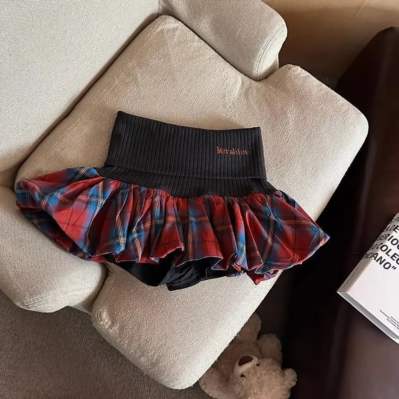 Women American Retro Y2k Plaid Mini Skirt Sweet Hot Girl High Waist Letter Slim Bubble Skirt Harajuku Fashion A-line Skirt New