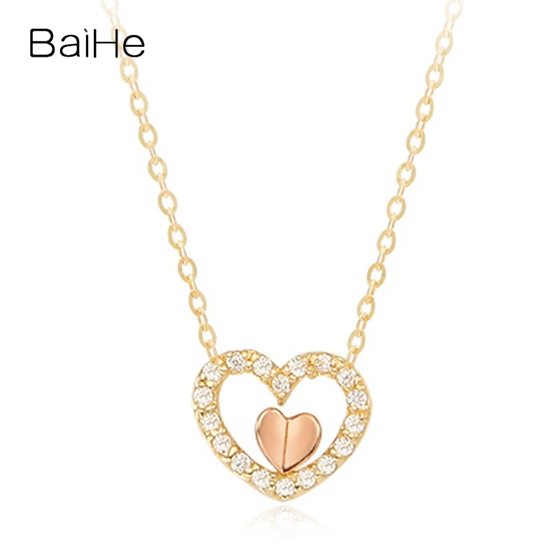 

BAIHE Solid 14K Yellow+Rose Gold 0.09ct H/SI Natural Diamond Heart Necklace Women Fine Jewelry Making Muince Croí Muince Croí