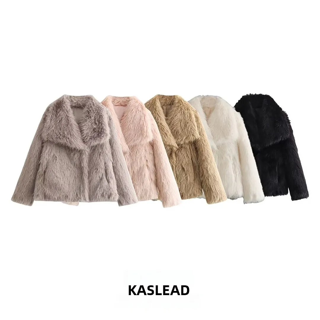 KASLEAD New Women's High Collar Artificial Fur Jacket 5 Colors Fashionable Long Sleeve Short Coat Polyester Fiber Button Closure
