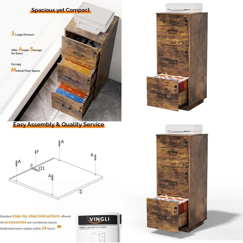 

Rustic Brown Wooden Vertical File Cabinet with Lock, Letter Size, Home Office Storage Organizer, Printer Stand