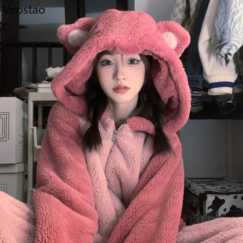 ฤดูใบไม้ร่วงฤดูหนาวผู้หญิงน่ารัก Onesies ชุดนอนขนแกะปะการังการ์ตูนหมีหู Hooded ชุดนอนหวาน Pakaian Rumahan ชุดนอน