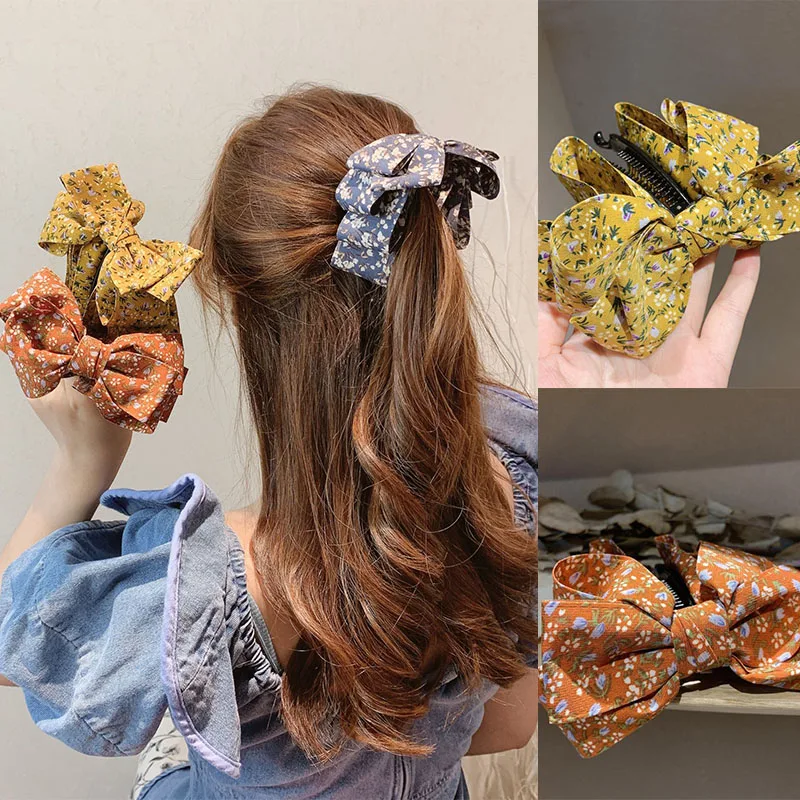 

2022South Korea's new college style sweet big bow Floral banana clip vertical clip ponytail hair clip hair accessories headdress