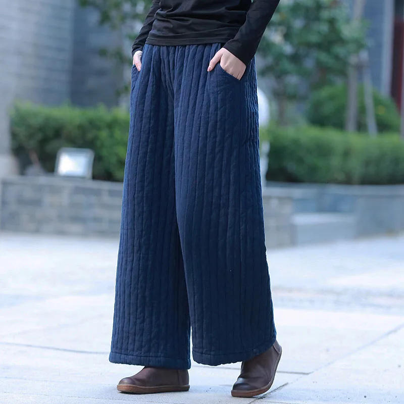 

Wear Cotton Hemp Wide Leg Pants Winter New Women's Casual Pants Elastic Waist Loose Seam Solid Color Warm Cotton Pants