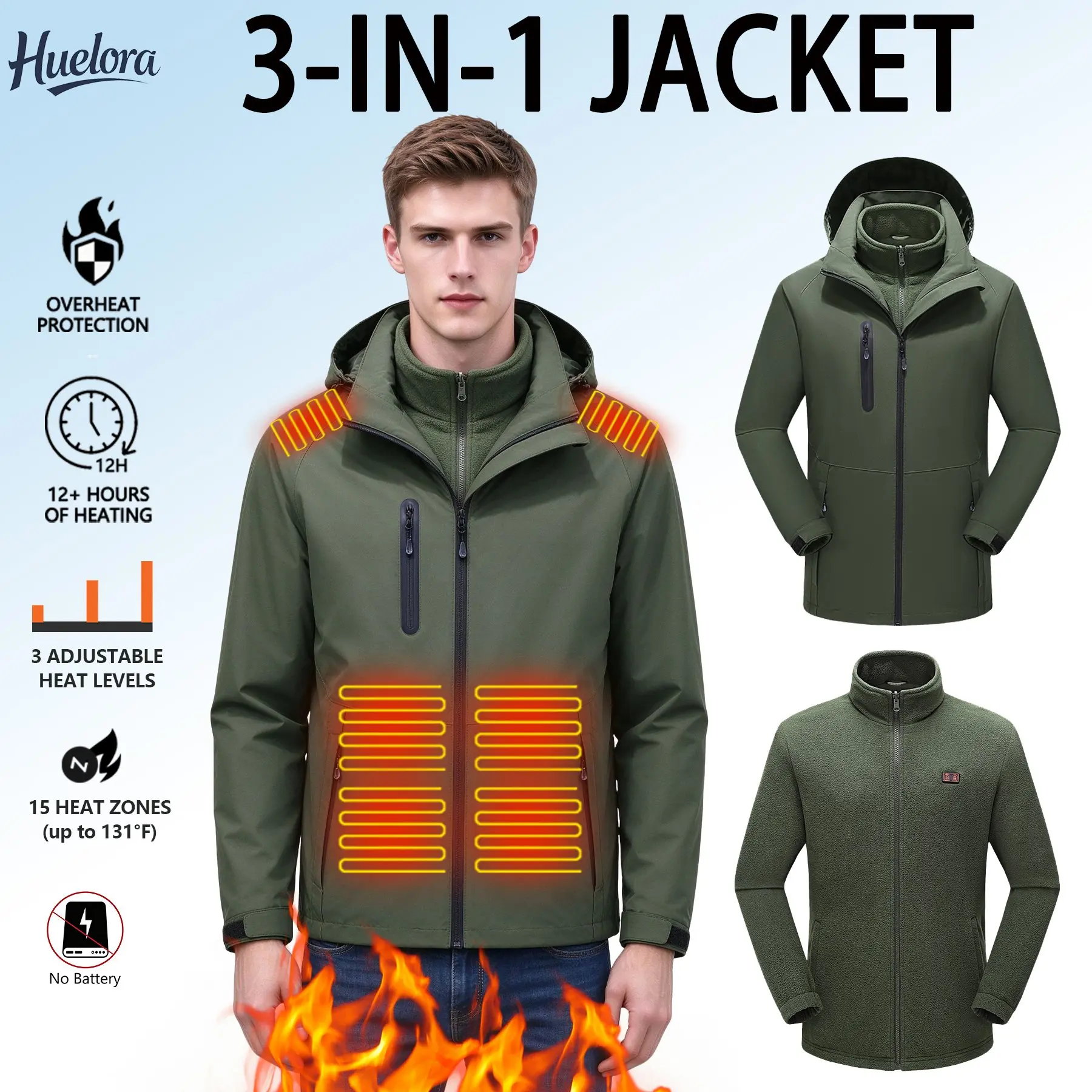 veste-chauffante-3-en-1-unisexe-couleur-vert-armee-huelora-15-zones-de-chauffage-manteau-d’hiver-chauffant-electrique-doublure-en-polaire-et-capuche-amovibles