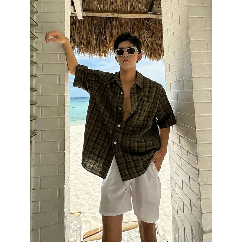 

New Lazy - style Plaid Loose Short - sleeve Shirt for Men, Casual Beach Vacation Linen - like Breathable TopYY188