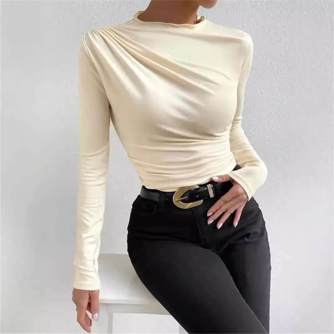 

Women's Pleated Long Sve T-irt Commute Sle Slim Fit Polyester Spandex Blend Dstring Closure Color T-irt