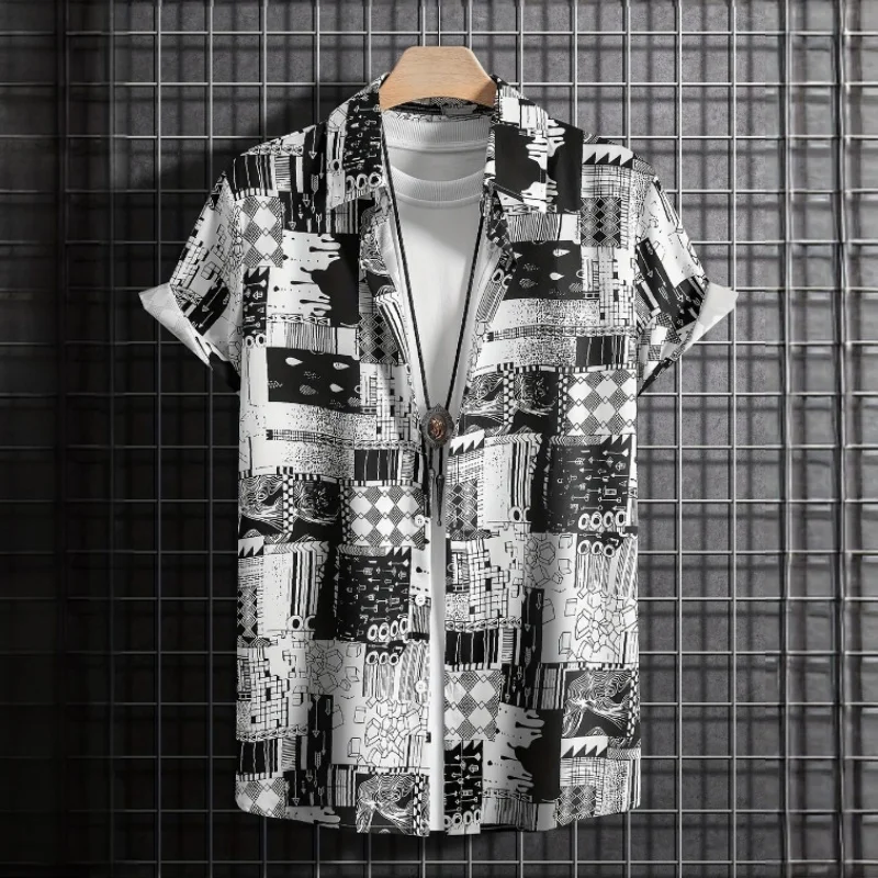 Hawaiian Men Shirt Paper Cutout Style Graphic Short Sleeve Printed Tee Loose Oversized Lapel Button Shirt Outdoor Streetwear Top