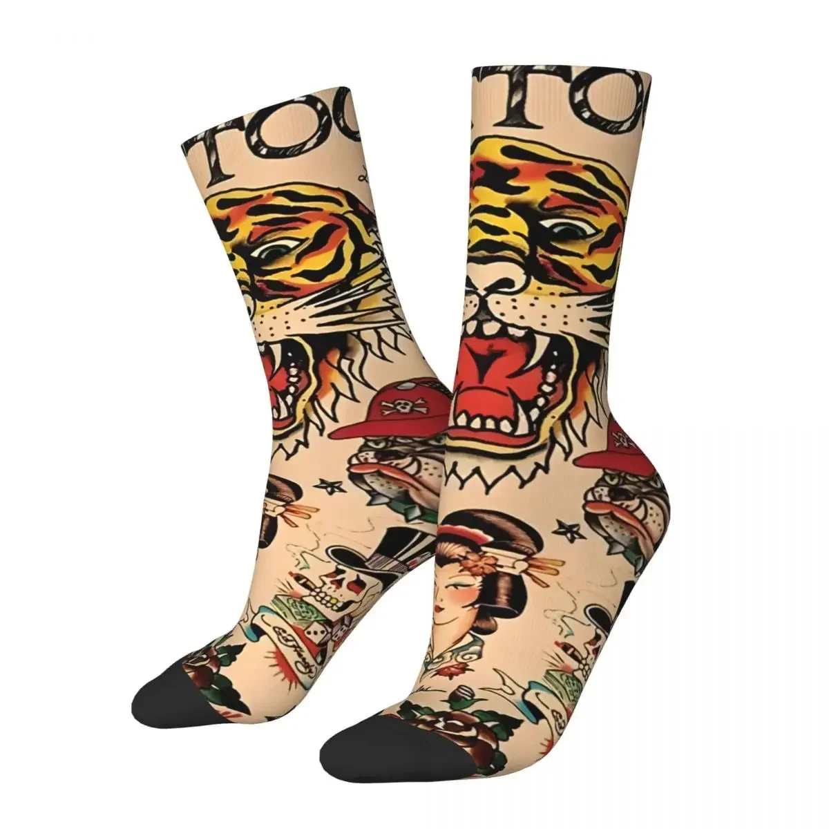 Crazy compression Tiger Japanese Tatto Sock for Men Harajuku Seamless Pattern Crew Sock Casual