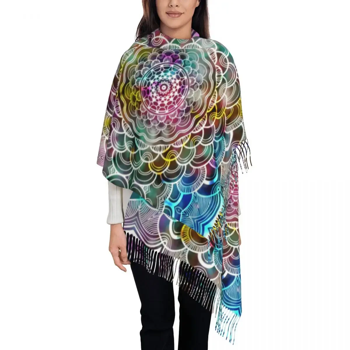 Custom Abstract Mandala Graphic Design And Watercolor Digital Art Tassel Scarf Women Winter Warm Shawls Wraps Female Scarves