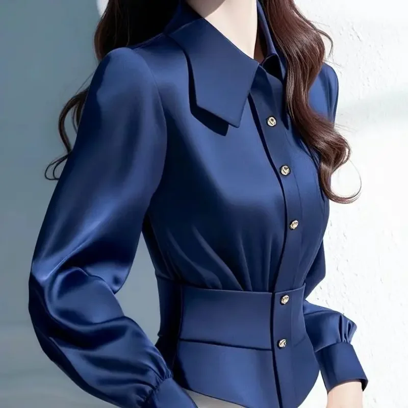 

French Style Commuting Blue Satin Waist Slimming Shirt for Women 2025 Spring New Top