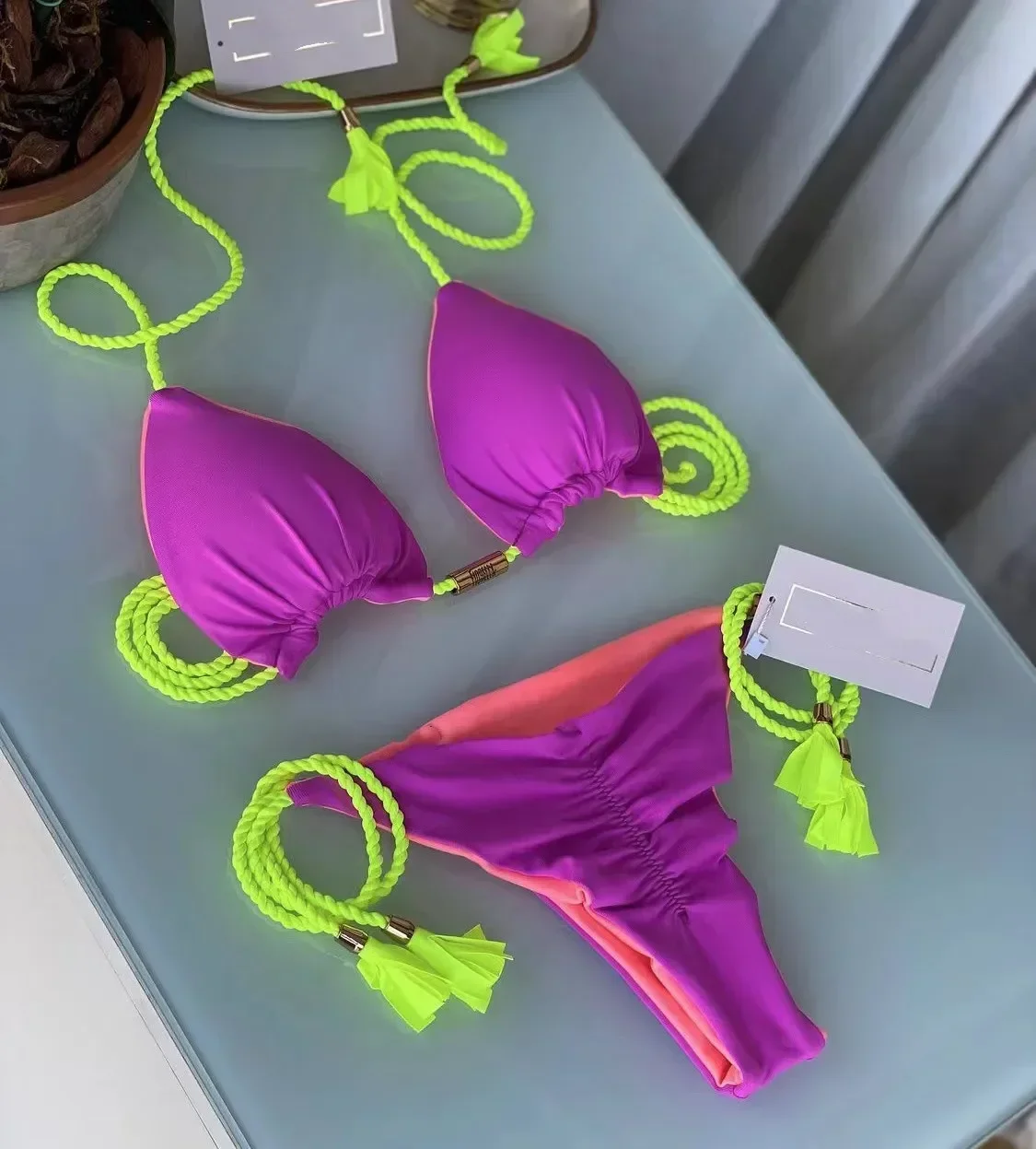 

New Women Bikini Backless Rope Triangle Swimsuit Multicolor
