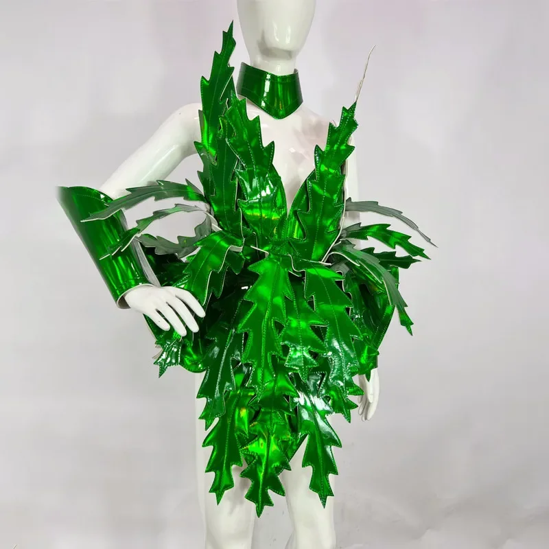 Grünes Laserblatt-Bühnenkostüm, übertriebene Performance-Kleidung, Nachtclub, Karneval, Rave-Outfit, Baum, Cosplay, Drag Queen-Kleidung