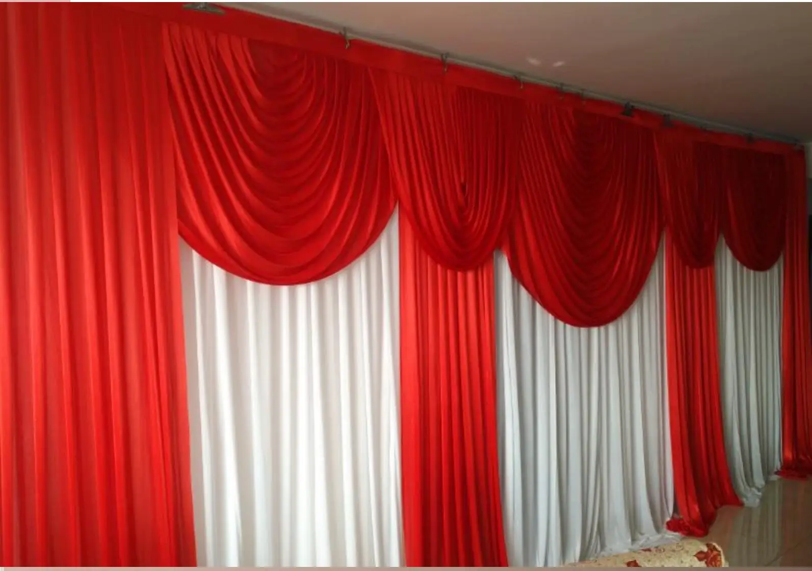 luxury white backdrop curtain red swag double flod 3X6m wedding decoration backdround stage curtain real picture