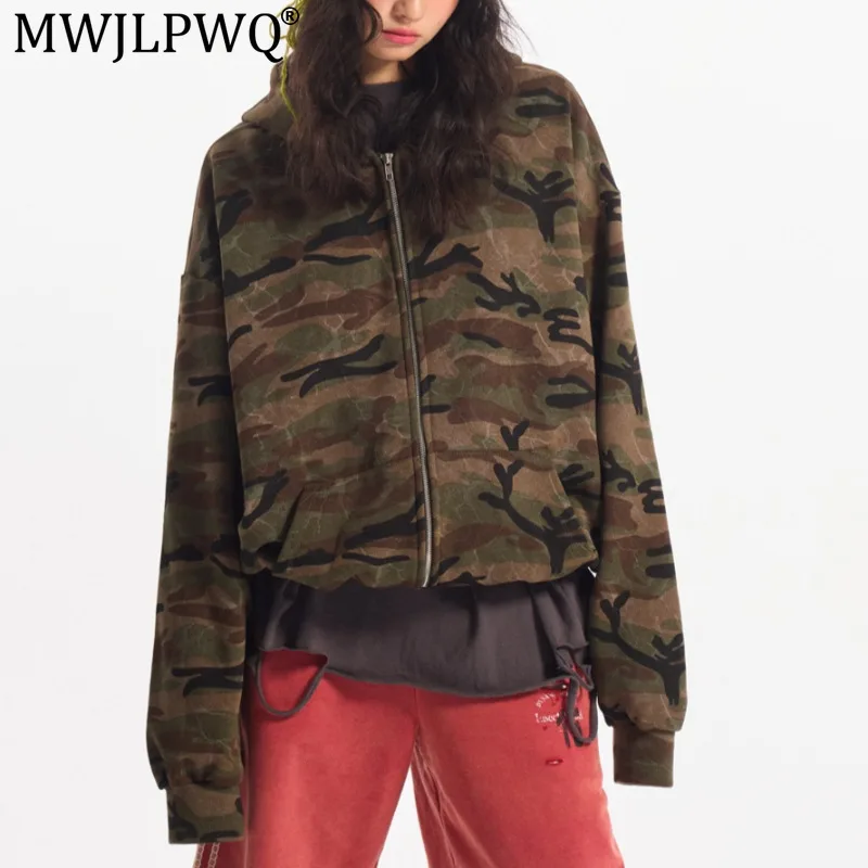 MWJLPWQ Jaqueta Masculina Estilo Americano, Moderna, Lavada, Vintage, Camuflada, Unissex, Streetwear, Outono, Cardigã Solto com Zíper 20656