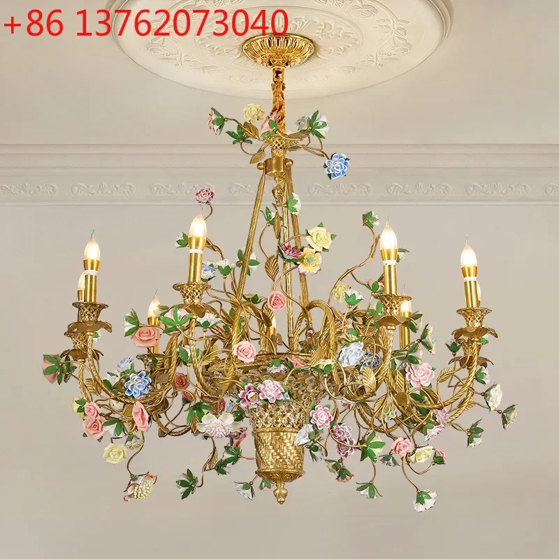 

European Garden Brass Ceramic Led Pendant Light French Rococo Country Home Decor Porcelain Flowers Copper Basket Chandelier