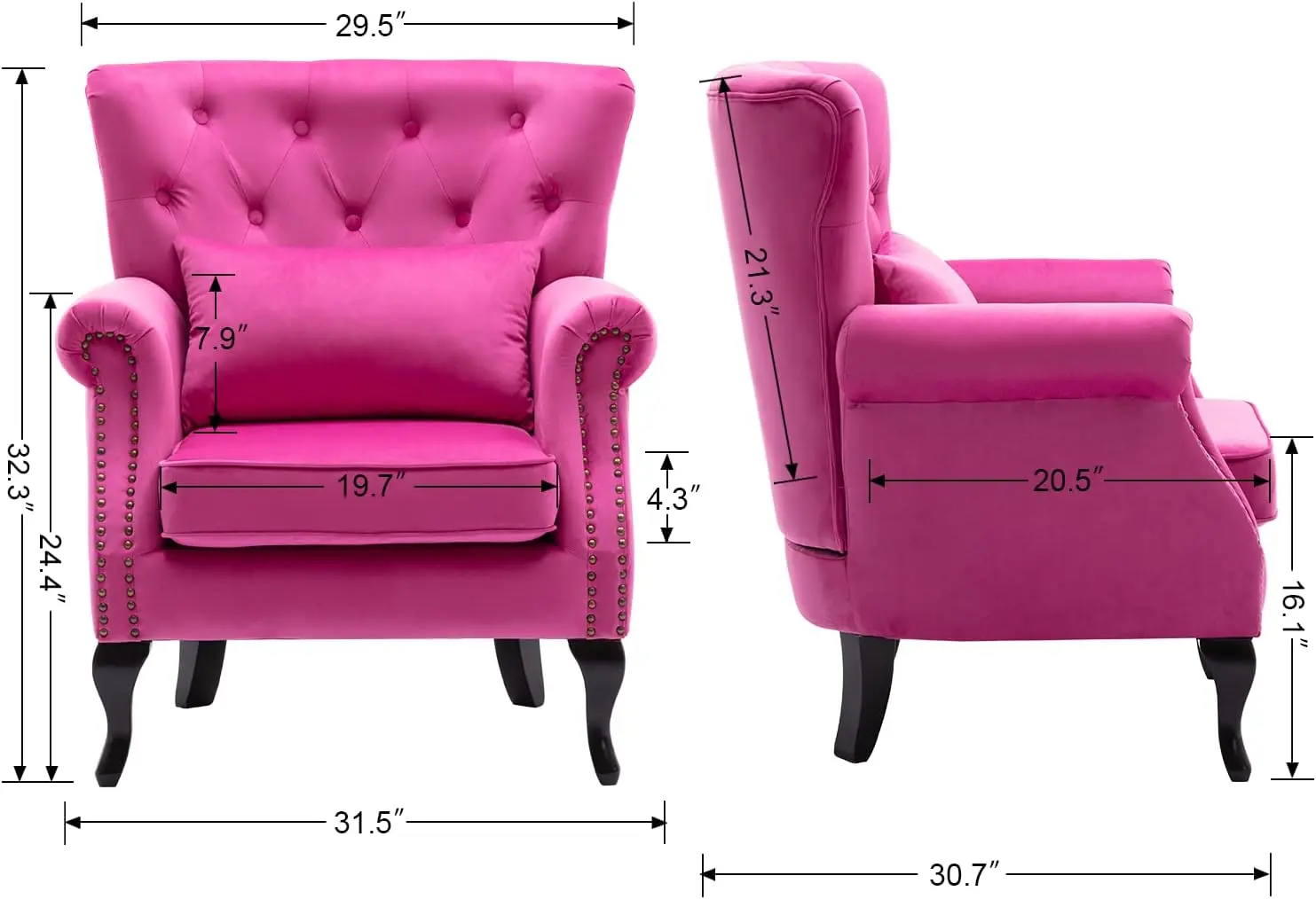 Mid Century Modern Accent Chair Upholstered Armchair Comfy Velvet Fabric Single Sofa with Tufted Wingback  Hot Pink