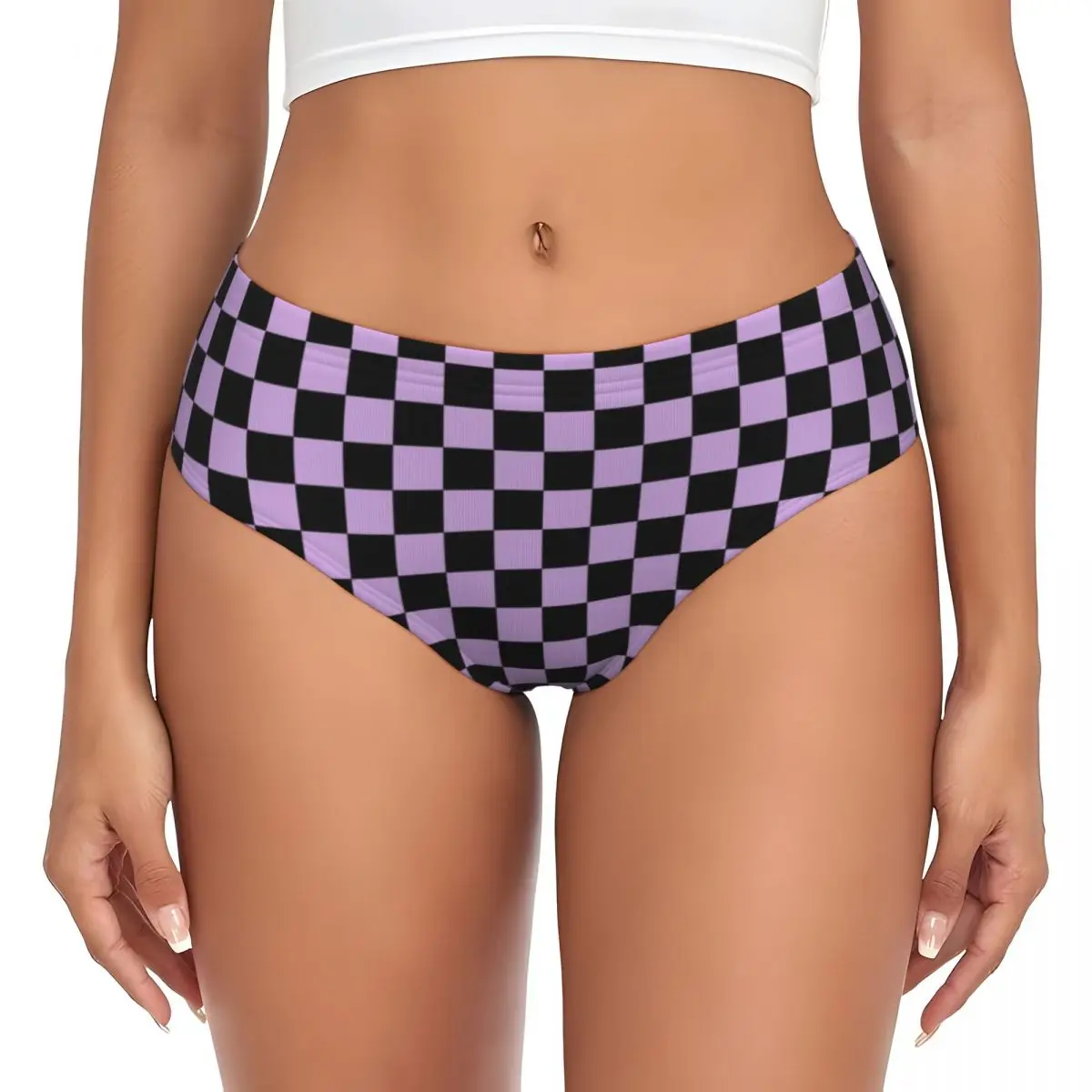 Custom Women's Checkerboard Pattern Lavender And Black Panties Underwear Female Soft Brief Panties Briefs Underpants